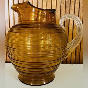 Vintage Amber Glass Ribbed Pitcher